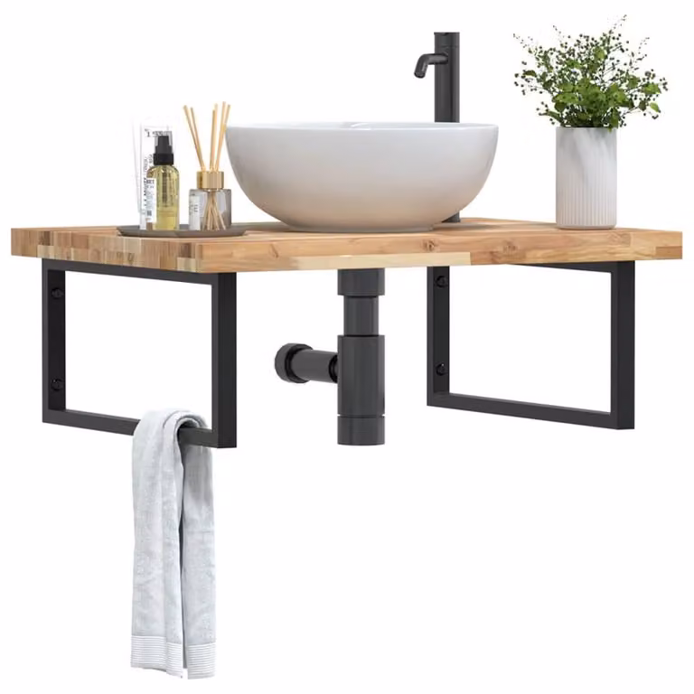 Berkfield Home Wall Mounted Basin Shelf in Brown Steel and Solid Acacia Wood
