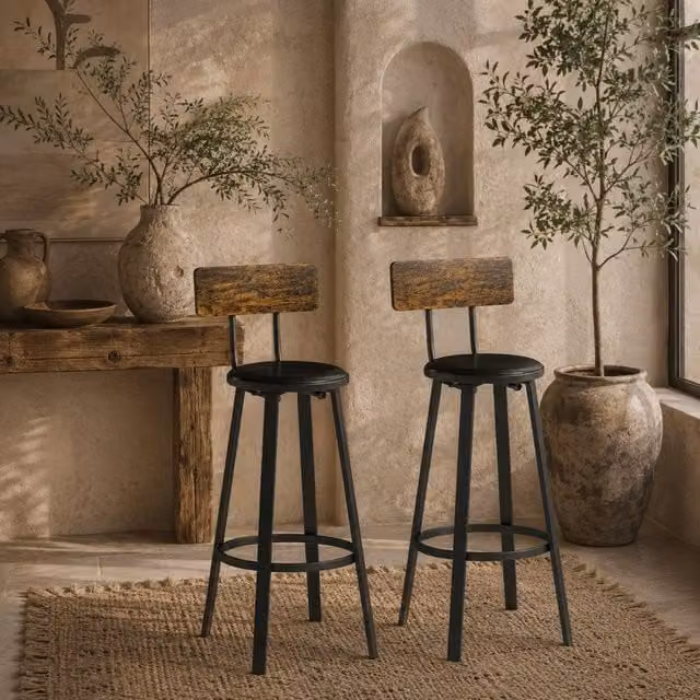 Wyld Haus Namto Set of 2 Industrial Bar Stools in Brown and Black with Synthetic Leather and Wood Effect Back – 1