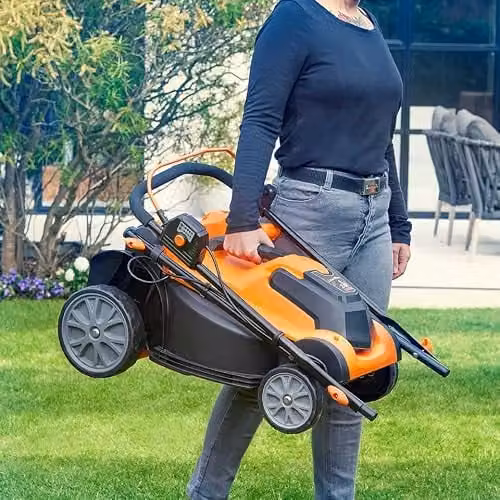 LawnMaster MX 24V 37cm Cordless Lawnmower in Orange with Spare Battery, Quick Charger, Collection Bag and Mulching Kit – 7