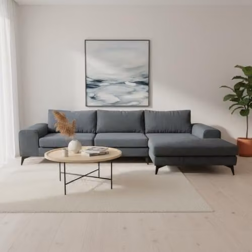 Abakus Direct Venice Modern L-Shaped Corner Sofa in Blue with Scatter Cushions and Solid Wood Frame, Right Hand Facing – 1