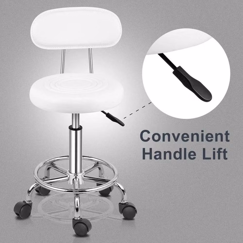 NESTLUNE White PU Leather Round Salon Stool with Backrest – 2