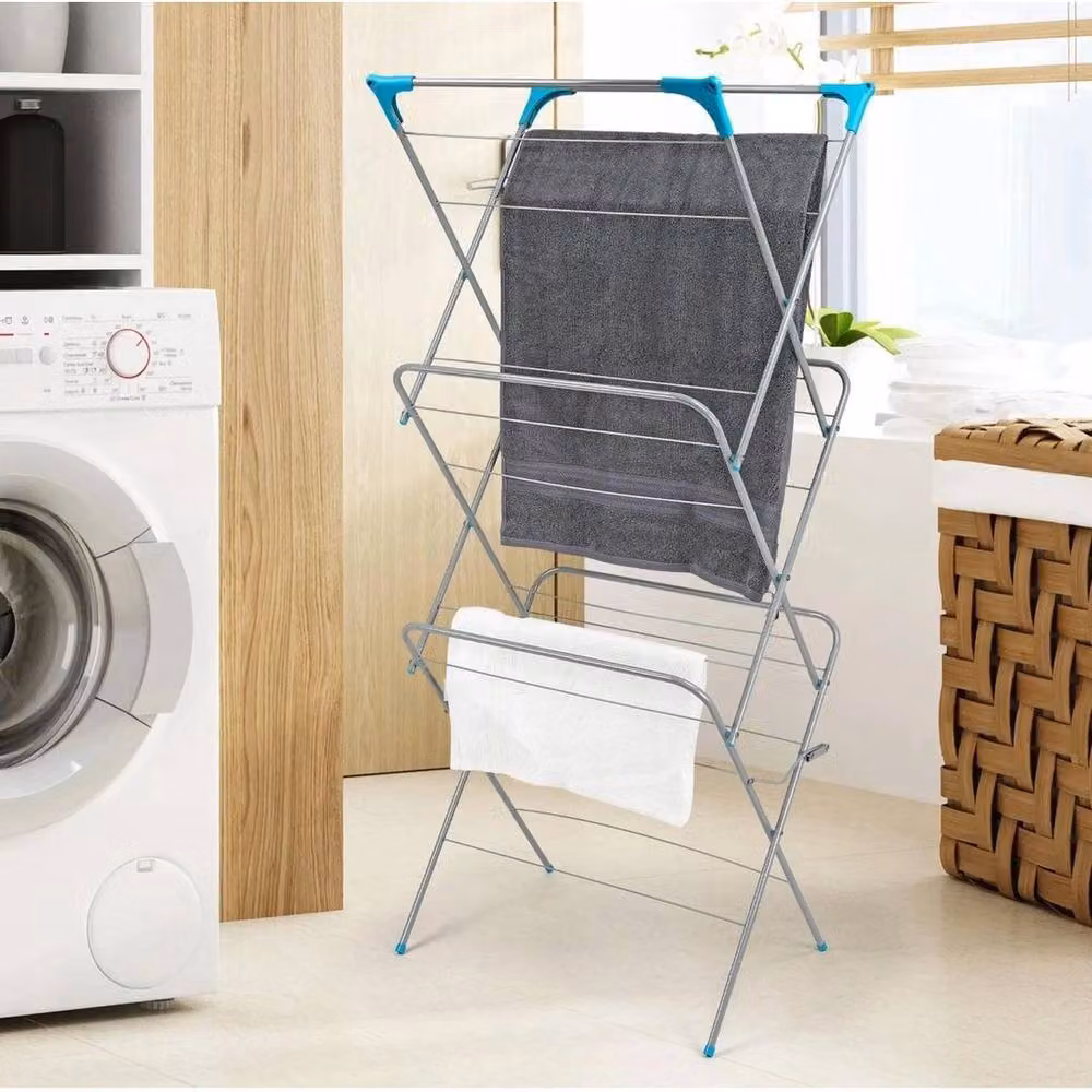 KORVIXA 3 Tier Metal Clothes Airer Laundry Dryer in Silver, W/D/H: 100 x 100 x 140 cm – 3