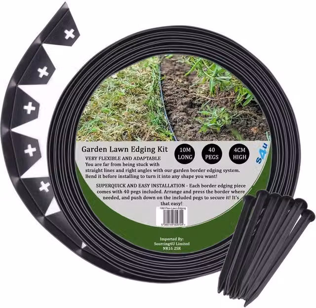 NESTLUNE Flexible Black Plastic Garden Border Edging for Grass Lawns, 10m
