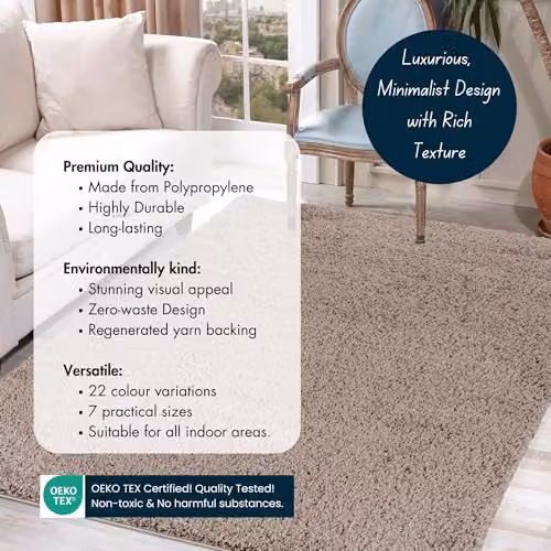 Serdim Rugs Plain Shaggy Living Room Area Rug, Beige, W: 80 cm, L: 150 cm – 4
