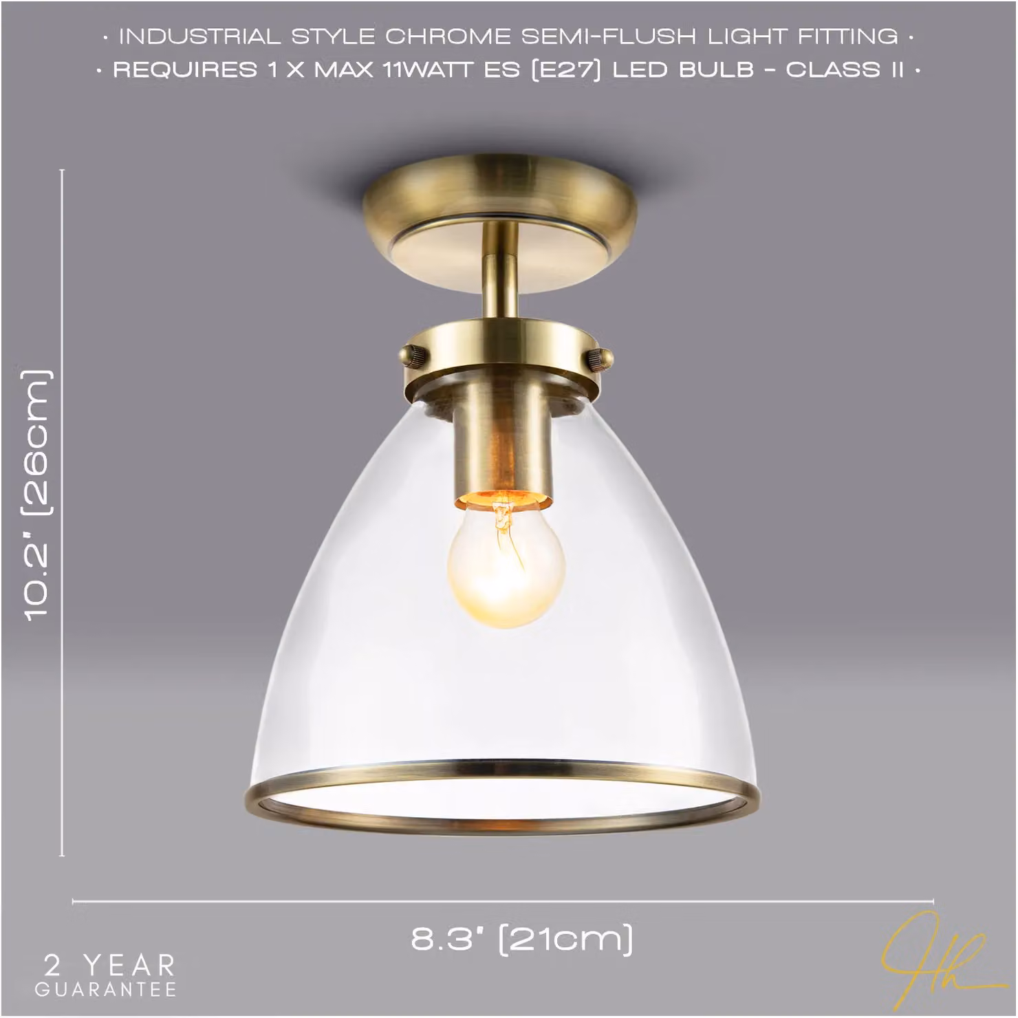 Happy Homewares Industrial Style Ceiling Lamp with Transparent Glass Shade in Gold/Brass – 2