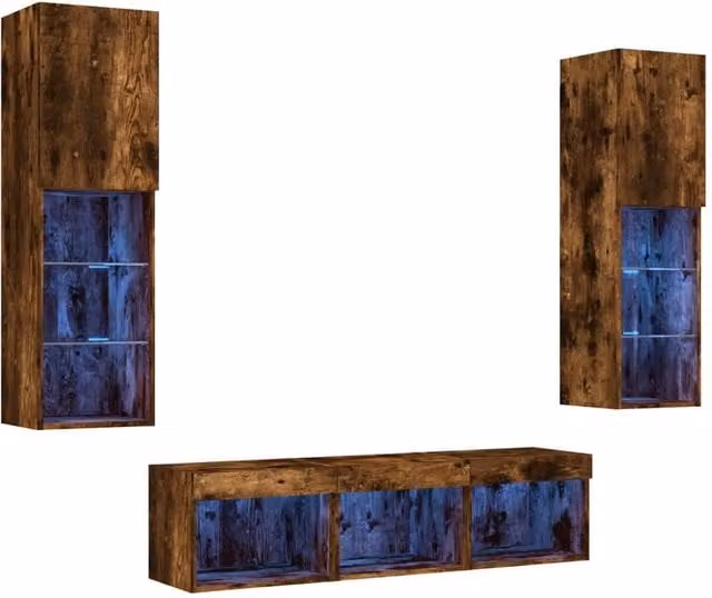 Berkfield Home 5 Piece Modern TV Wall Unit Set in Smoked Oak and Brown with Integrated LED Lighting