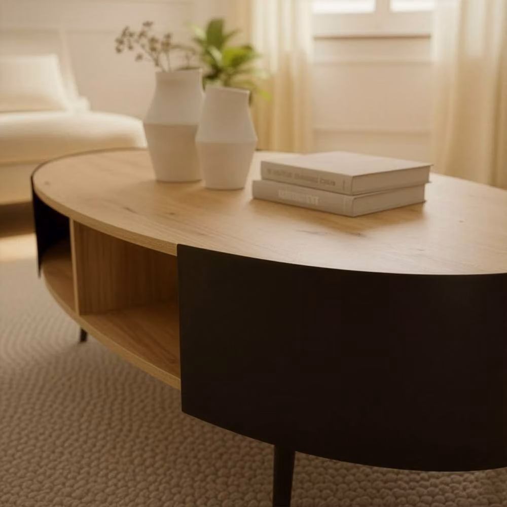 CALICOSY EKLO Oval Coffee Table in Light Brown with Black Metal Sides, W/D/H: 120 x 60 x 39 cm – 3