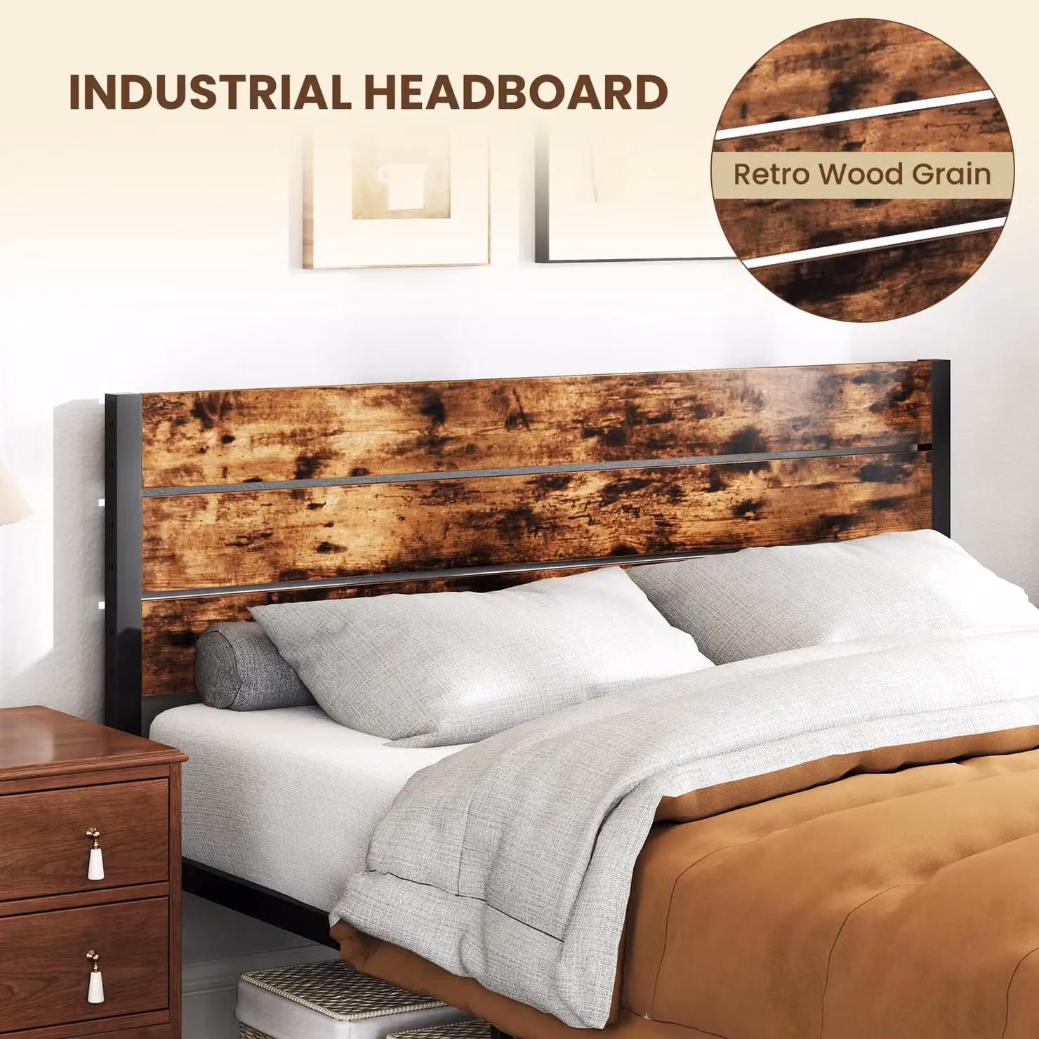 Gymax Double Metal Platform Bed Frame with High Headboard, Brown, W/D/H: 140 x 200 cm – 9