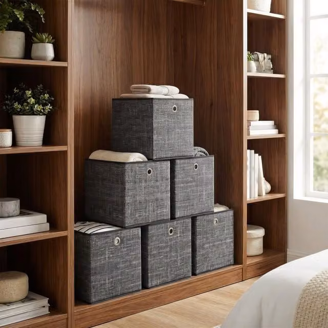 SONGMICS Set of 6 Foldable Non-Woven Fabric Storage Boxes with Handles, Black and Grey