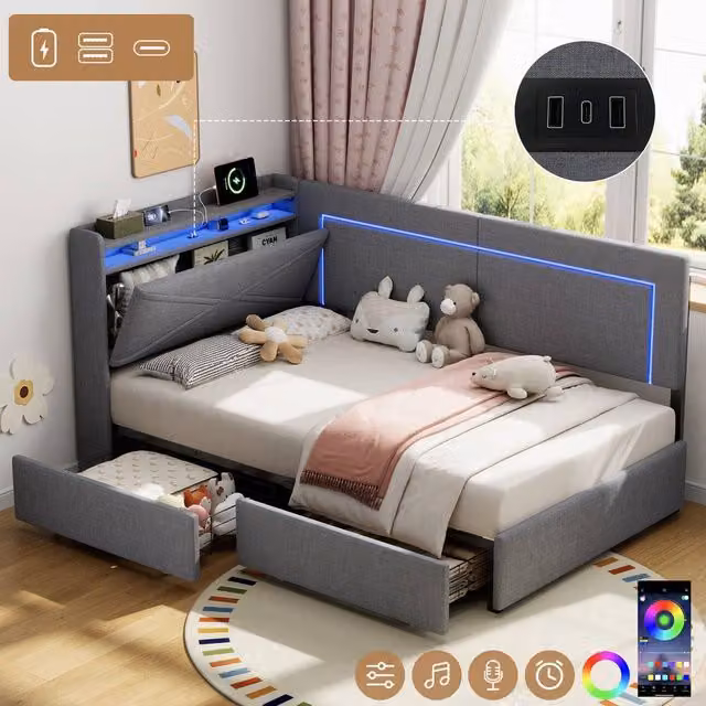 BTM Single Linen Daybed in Grey with LED Headboard, Bedside Shelf and 2 Storage Drawers, W/D/H: 90 x 190 cm – 1