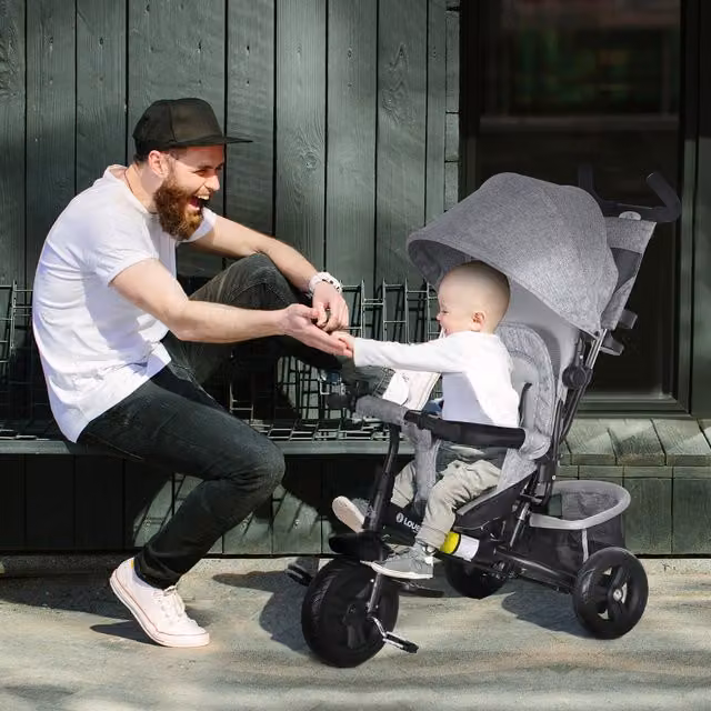 HOMCOM 6-in-1 Kids Tricycle with Canopy and Push Handle in Grey