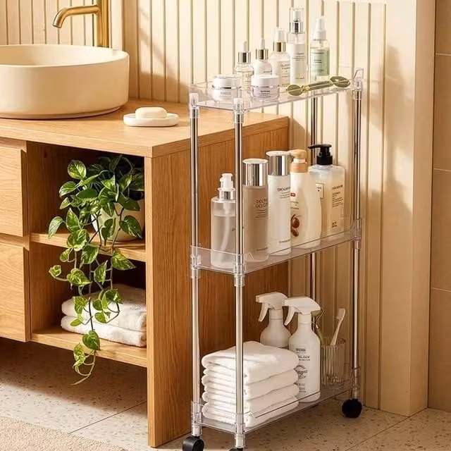 VOGREX 3-Tier Narrow Rolling Storage Cart Trolley in Silver, W/D/H: 31.0 x 31.0 x 70.0 cm