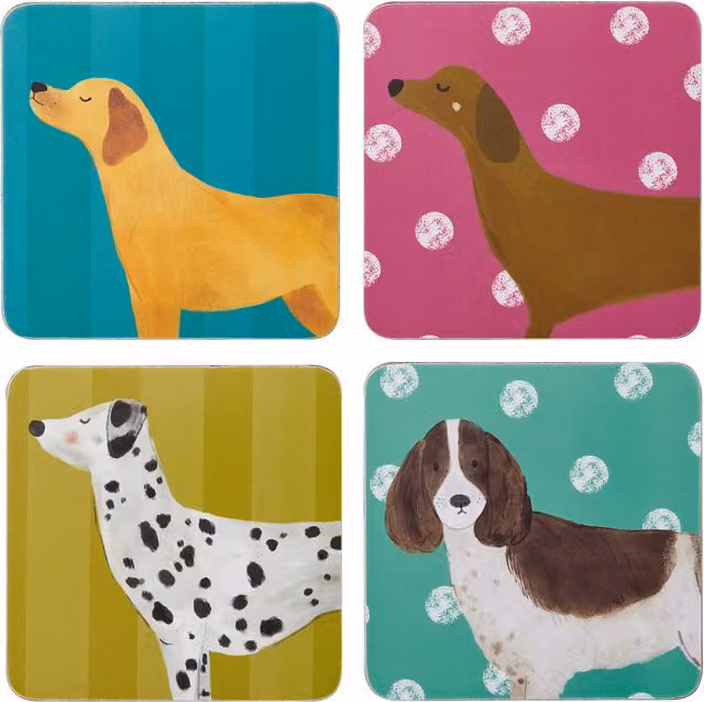 Creative Tops Set of 4 Dog Coasters, Cork Backed, White and Multicolour, W: 10.5 cm x D: 10.5 cm