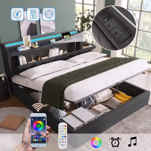 ModernLuxe Grey Upholstered Double Ottoman Bed with LED Lighting, USB Charging Ports and Storage Headboard, W/D/H: 140 x 200 x 105 cm – 1