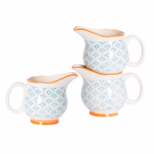 Nicola Spring Hand-Printed Floral Ceramic Milk Jugs, Blue, 300ml, Pack of 3 – 1