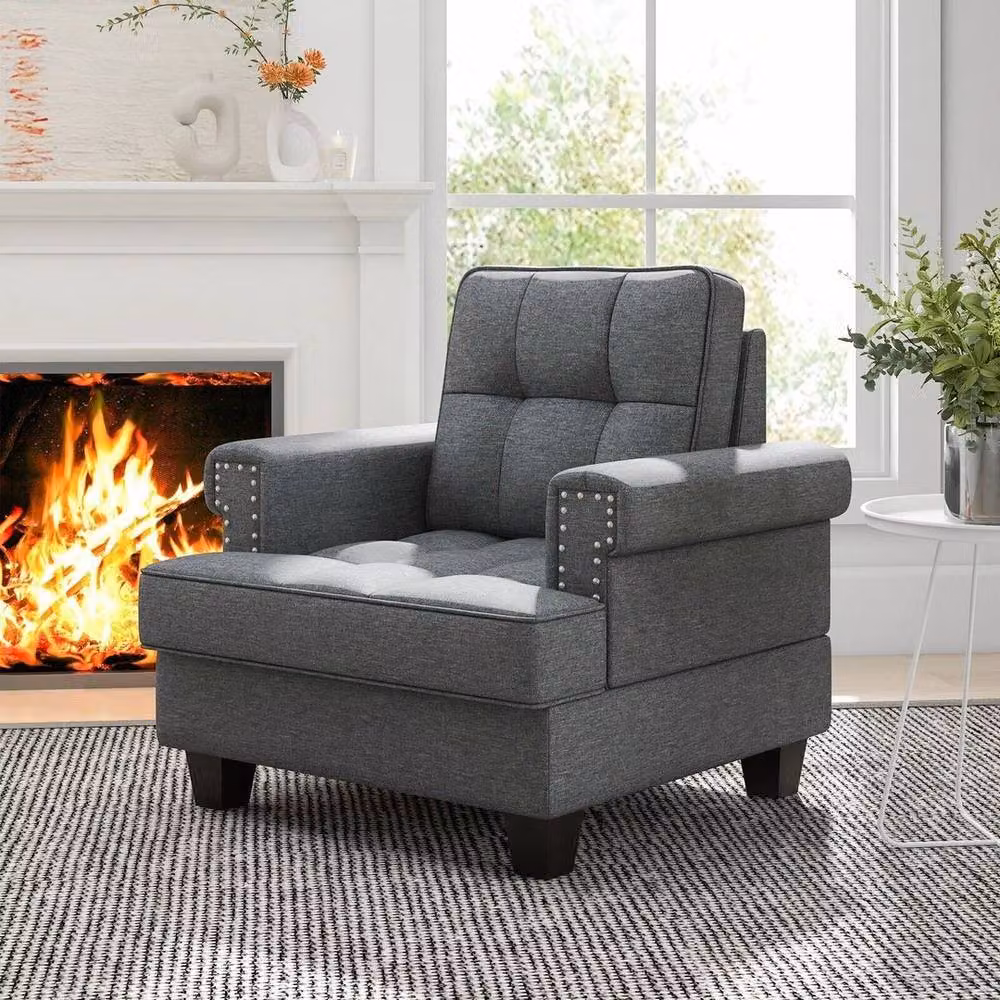 FORGEVIO Modern Mid-Century Accent Armchair in Grey Upholstered Linen Fabric – 2