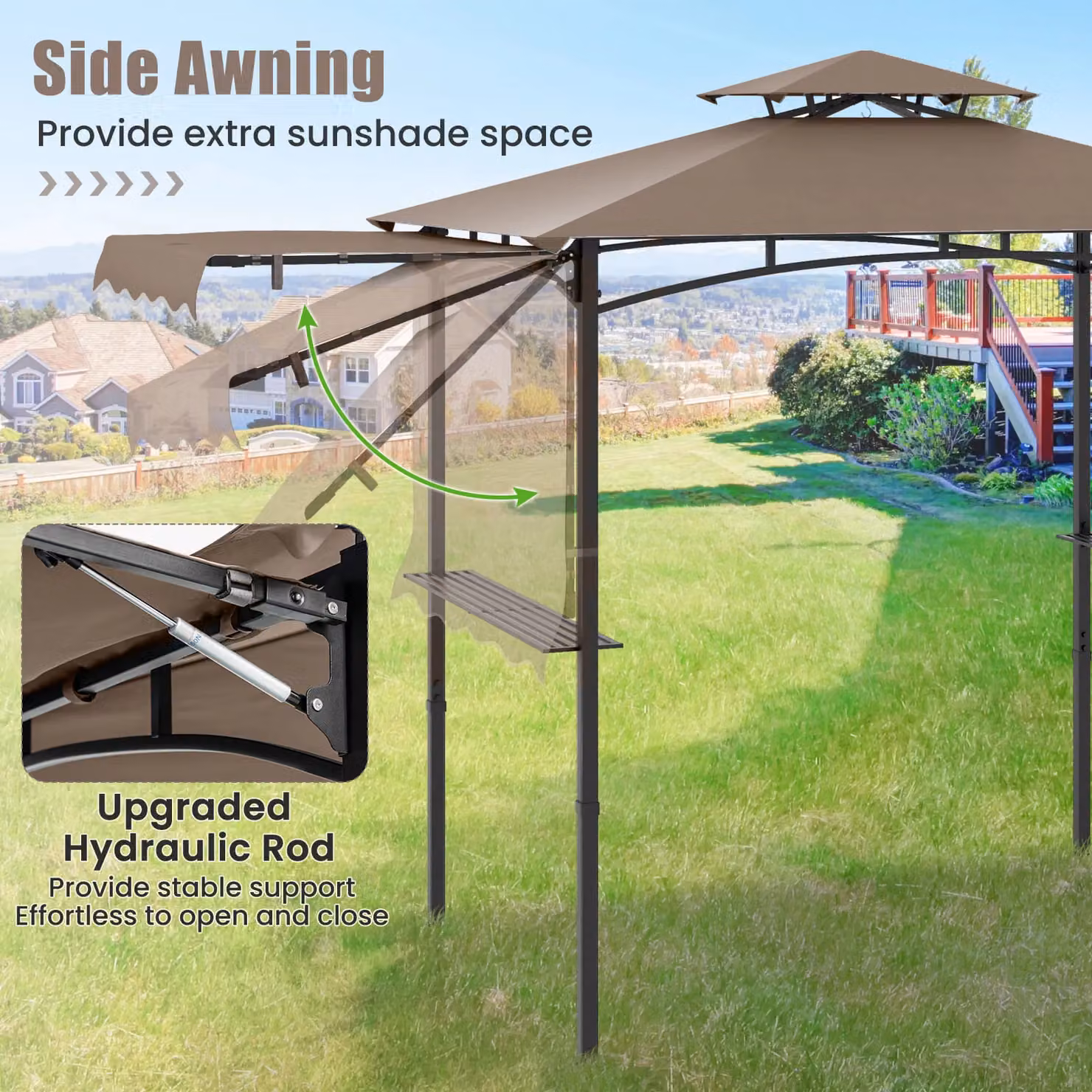 Costway Grill Gazebo Outdoor Barbecue Canopy Tent with Side Awning, Brown, W: 318 cm, D: 153 cm, H: 242 cm – 5