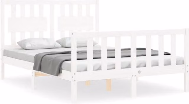 Berkfield Home Solid Wood Pine Bed Frame with Headboard in White, W/D/H: 140 x 190 cm – 1
