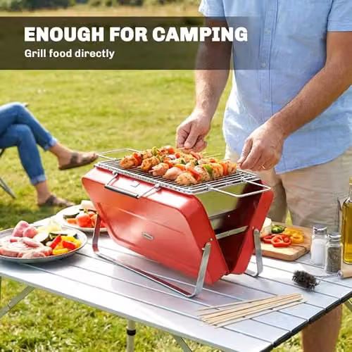 Outsunny Portable Mini Charcoal Tabletop Barbecue Grill with Suitcase Shell, Red, W/D/H: 30 x 30 x 28 cm – 5