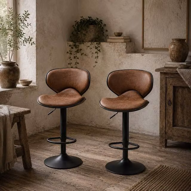 Wyld Haus Bama Set of 2 Brown Microfibre Adjustable Swivel Armless Bar Stools – 1