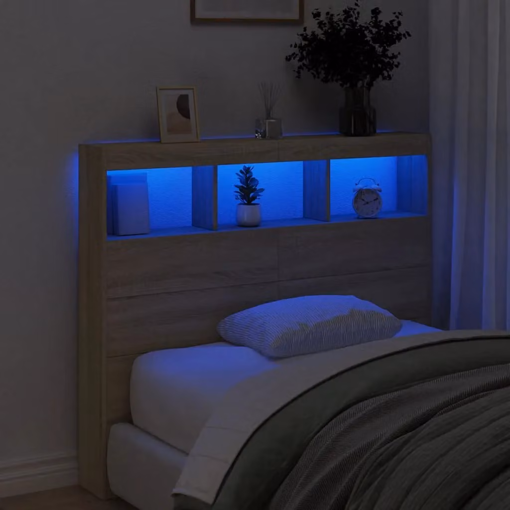 Berkfield Home Sonoma Oak Headboard Cabinet with LED Lighting and USB Charging Port, Brown, W: 120 cm, D: 17 cm, H: 102 cm – 2