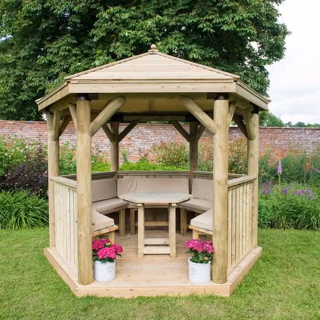 Forest Hexagonal Garden Gazebo in Cream and Beige with Pine and Steel Construction, 3 m Diameter