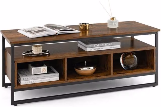 Gymax Industrial Coffee Table and TV Stand with 3 Cubbies, Brown Wood and Metal Frame – 1