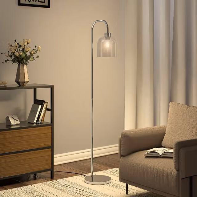 Livingandhome Modern Floor Lamp with Metal Base and Transparent Glass Cylinder Lampshade in Chrome