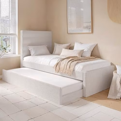 Flair Furnishings Ari Single Bed with Pull Out Trundle in Beige Boucle