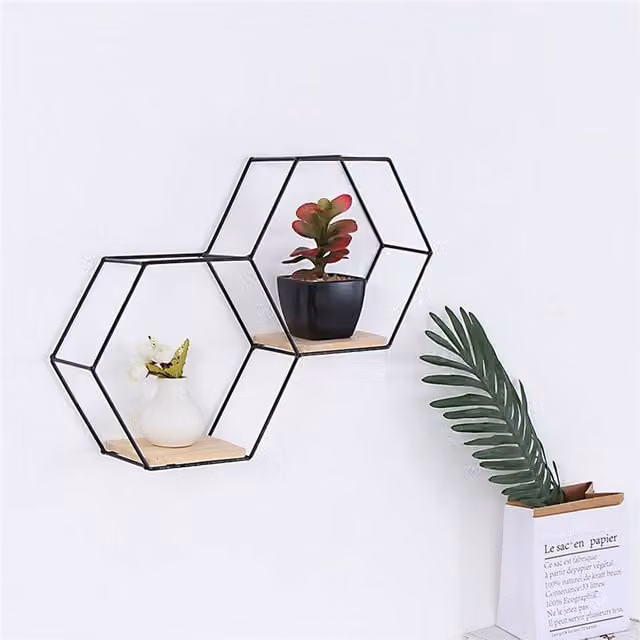 Livingandhome Industrial Floating Pine Wood Shelf with Black Metal Frame, Width: 41.5 cm