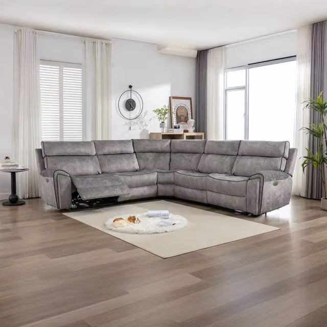 Furniture One Power Corner Recliner Sofa Set in Light Grey, 5 Seater, L-Shape, W/D/H: 292 x 292 cm