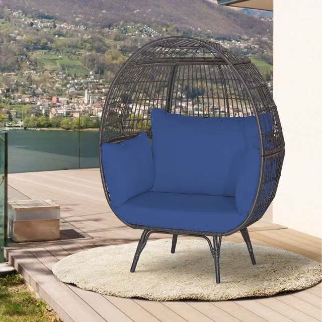 Costway Oversized Egg Chair in Blue with Rattan and Metal Frame