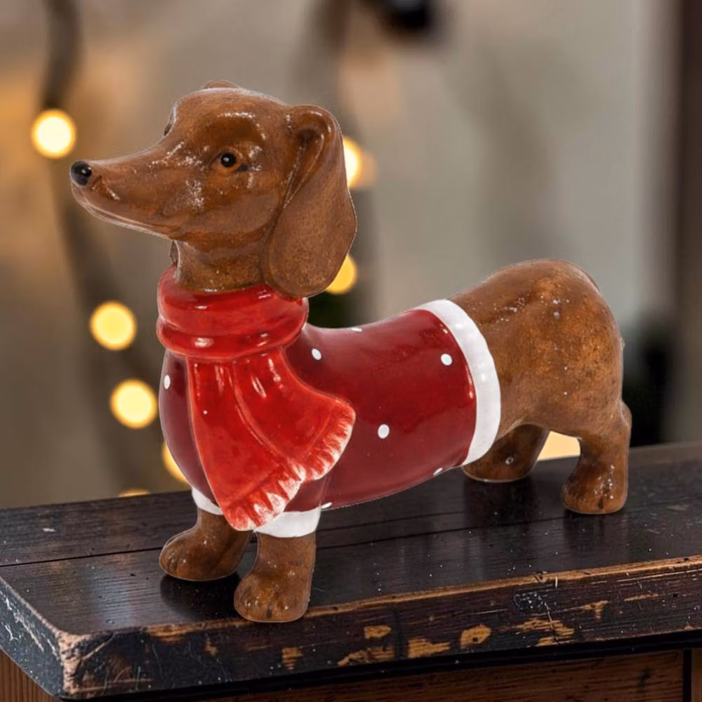 Four Candle Large Ceramic Sausage Dog Christmas Ornament in White and Brown – 2