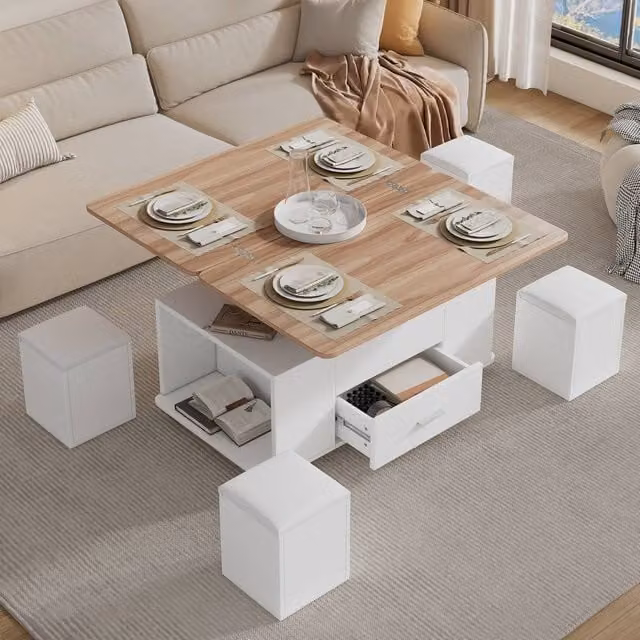 BTM White Lift Top Coffee Table with 4 Stools and Castors