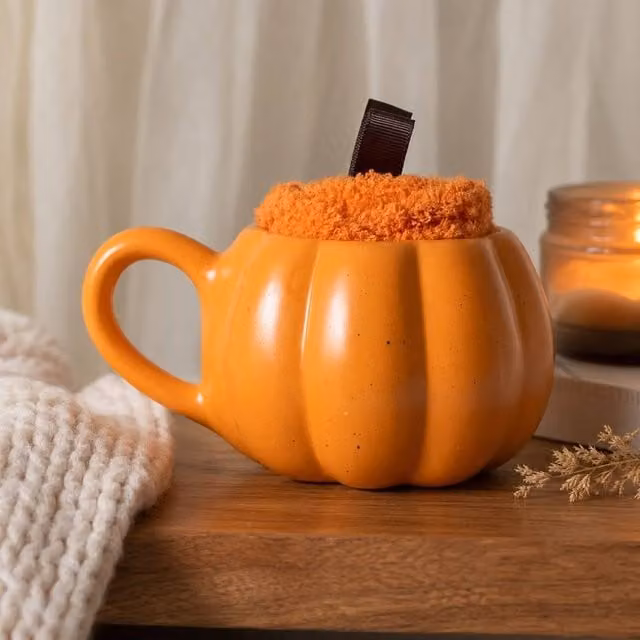 Marco Paul Orange Pumpkin Shaped Ceramic Mug and Socks Set, 450ml