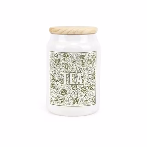 Purely Home Green and White Floral Ceramic Tea Canister with Wooden Lid, 0.6 l (H 14.5 cm x W 9.5 cm)