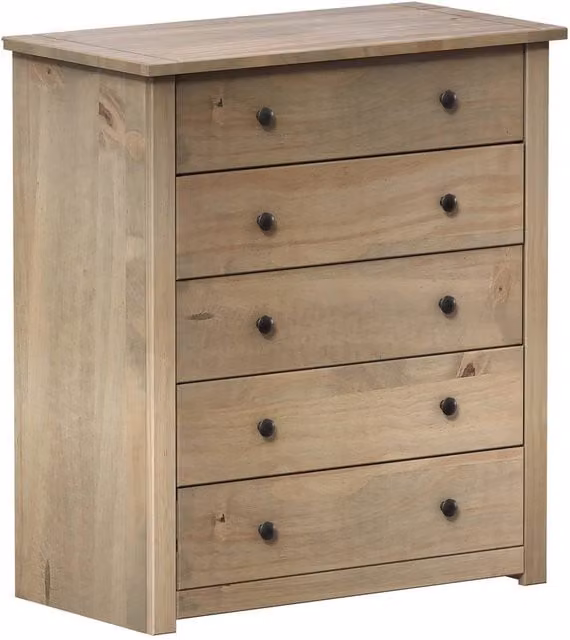 Havendro 5 Drawer Chest in Rustic Brown Waxed Solid Pine Wood
