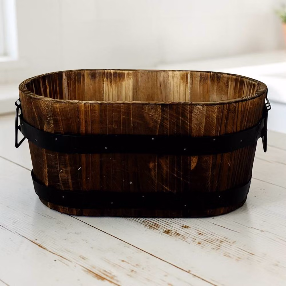 Four Candle Natural Wooden Oval Planter with Metal Bands and Handles in Brown, W/D/H: 30.0 x 18.0 x 14.0 cm – 2