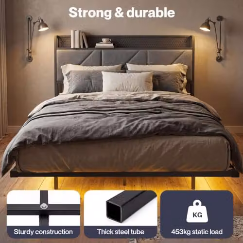 Levede Upholstered Floating Double Bed Frame with LED Under-Bed Lighting, USB Charging Ports and Side Compartments, Grey, W/D/H: 140 x 190 cm – 5
