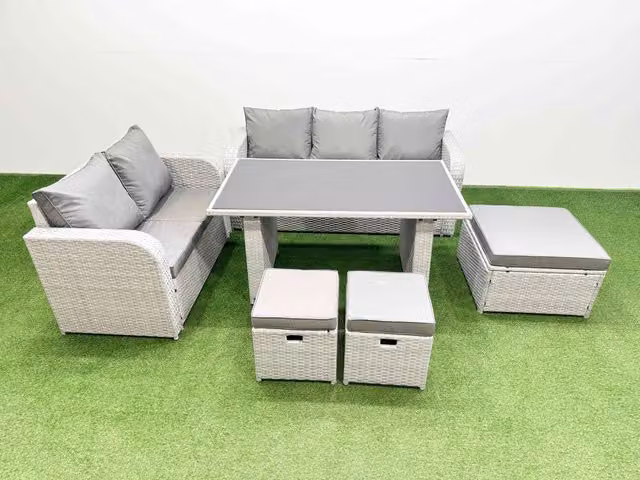 Fimous Garden Furniture Set with Rectangular Glass Dining Table and 3 Stools in Light Grey