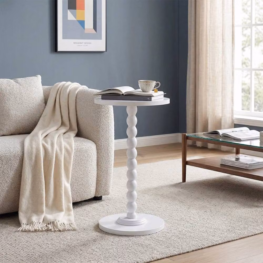 KORVIXA White Vintage Round Wooden Side Table and Plant Stand – 3