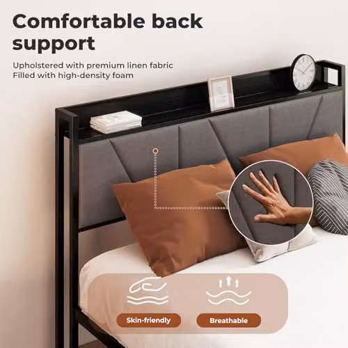 Levede Modern Upholstered Metal Bed Frame with Side Compartments and Headboard in Black, W/D/H: 140 x 200 x 135.5 cm – 8