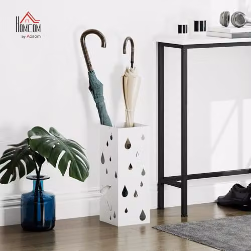 HOMCOM Metal Umbrella Stand with 4 Hooks and Removable Drip Tray, White – 2