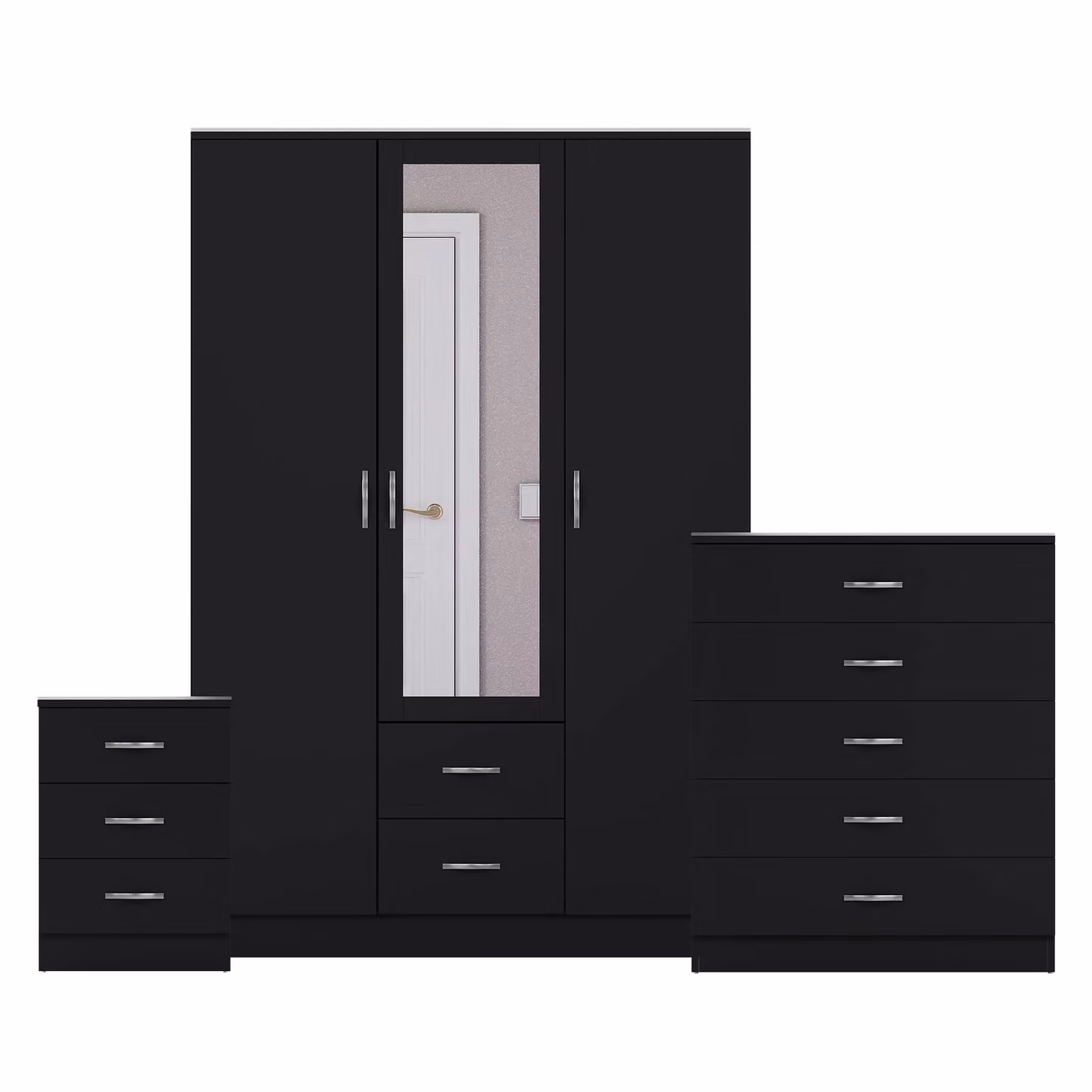 Vida Designs 3-Piece Modern Black Bedroom Set including 3 Bedside Tables, 5-Drawer Chest and Mirror Wardrobe – 2