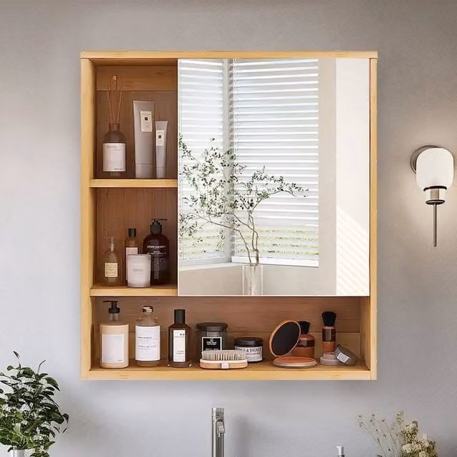 SPETLEK Scandinavian Wall Mounted Bathroom Cabinet with Mirror Door in Natural Brown – 1