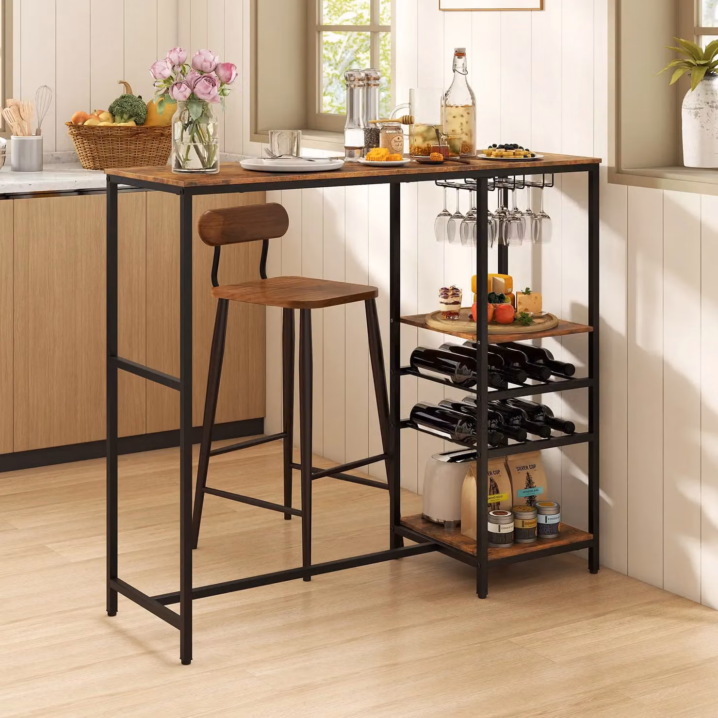 Gymax Rustic Brown Bar Table with Glass Top and Serving Shelves – 3