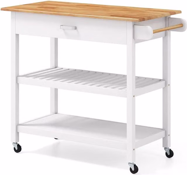 Kelvenix Scandinavian Kitchen Island and Dining Room Serving Trolley in Natural Wood with White and Brown Accents
