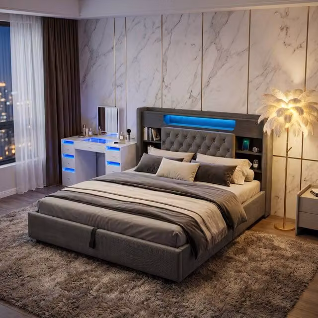 FENCHILIN Upholstered King Size Bed Frame in Grey with LED Lighting, Hydraulic Storage and USB Charging Station, W/D/H: 180 x 200 x 115 cm