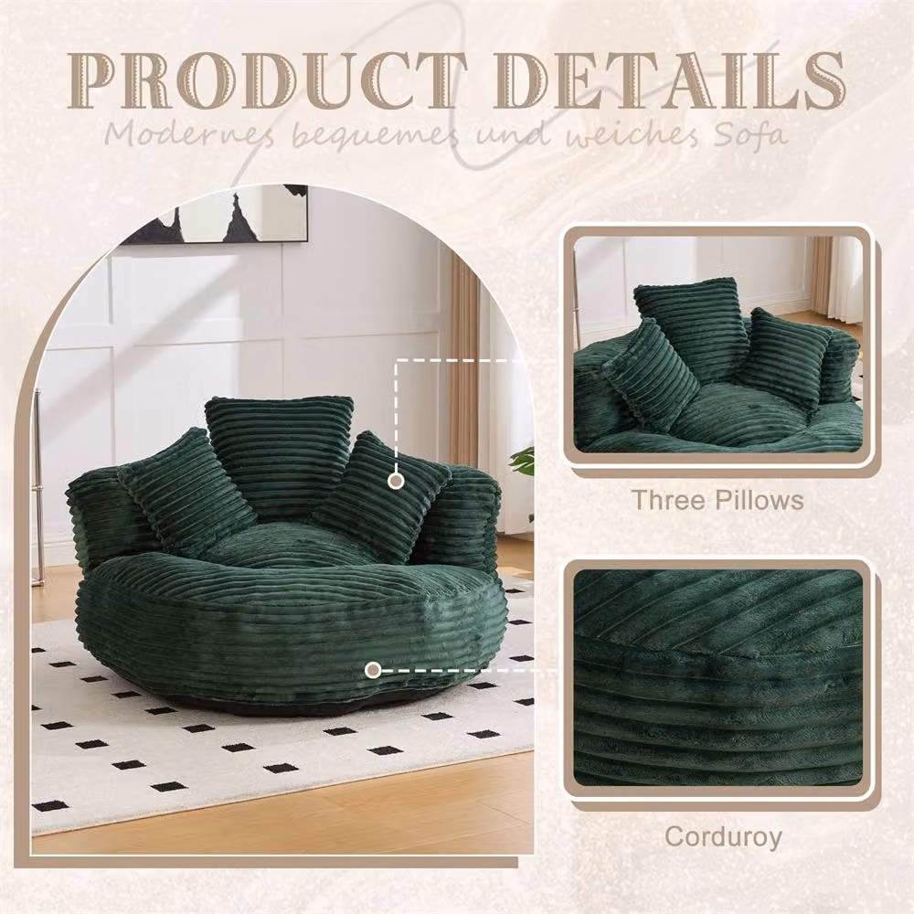 Direct Wicker Emerald Green Corduroy Bean Bag with Armrests and 3 Pillows – 3