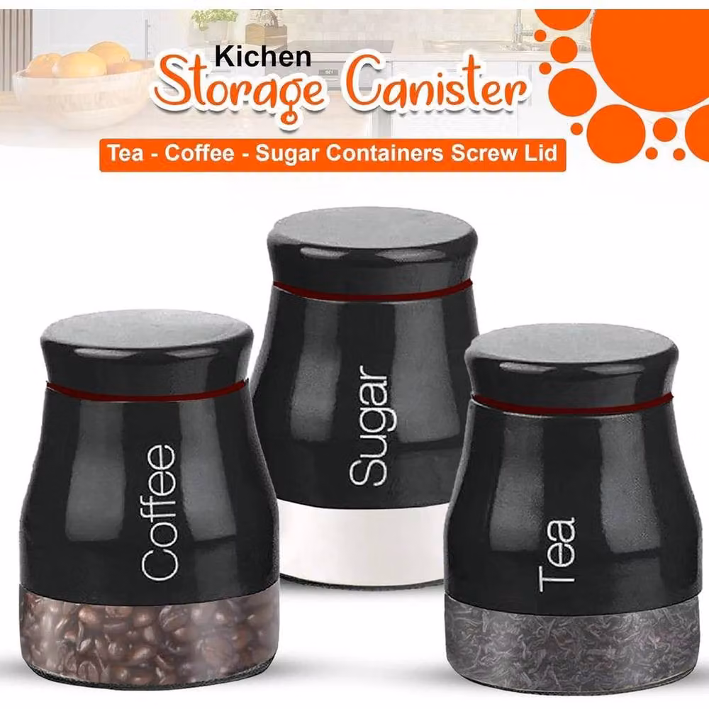 Pawnora Set of 3 Black Glass Kitchen Storage Canisters with Screw Lids – 5